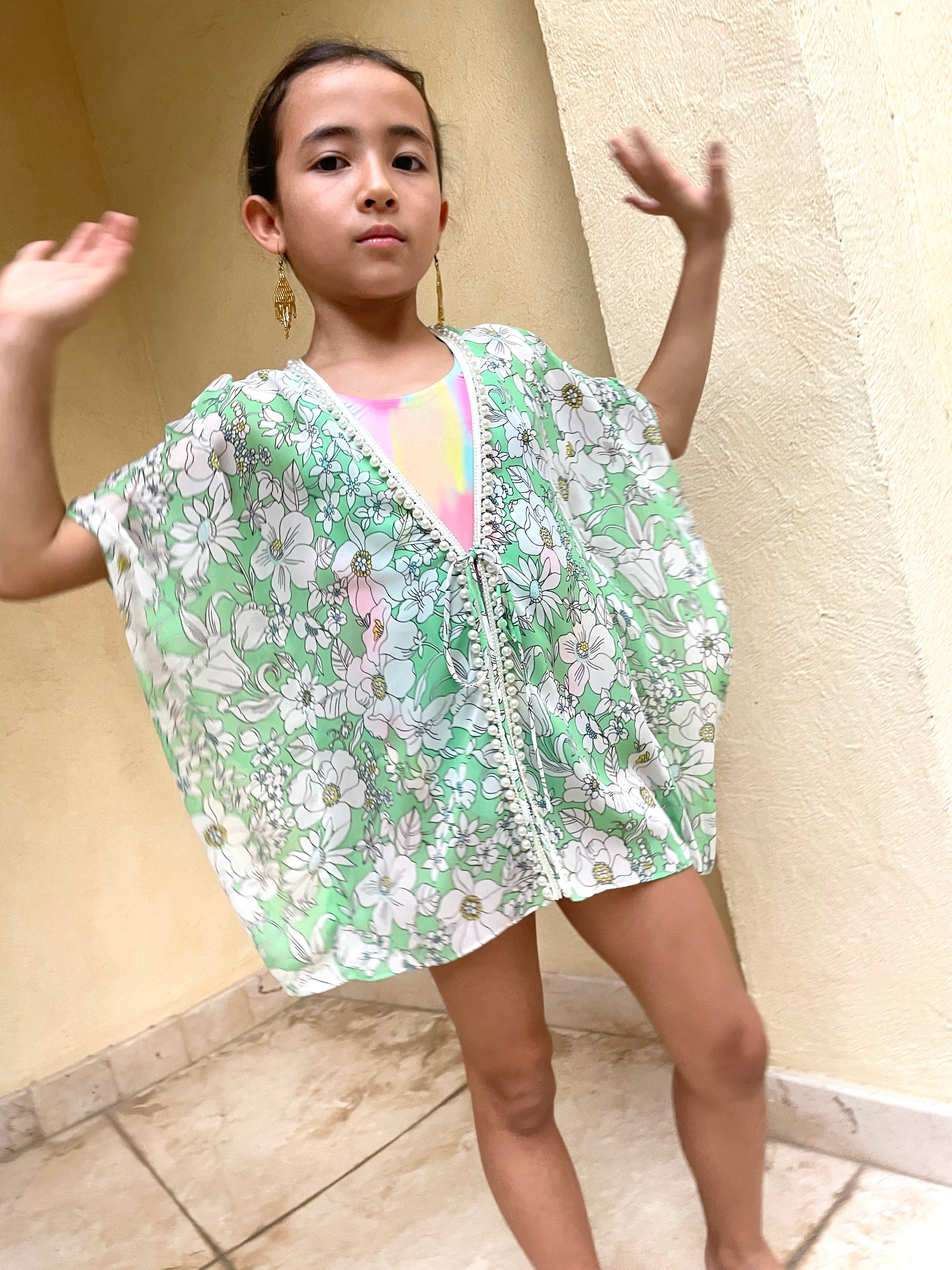 tropical print girls beach kaftan with pearlescent beads – kids beachwear Dubai

