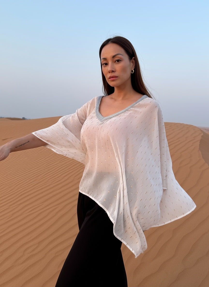 zia white women's kaftan top for beach to desert in dubai