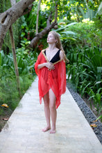 Load image into Gallery viewer, Nafeesa red kaftan – chic and elegant resort wear for women that can be worn as a swimsuit cover up or as a light jacket for sunny beach days 
 breezy nights in Dubai