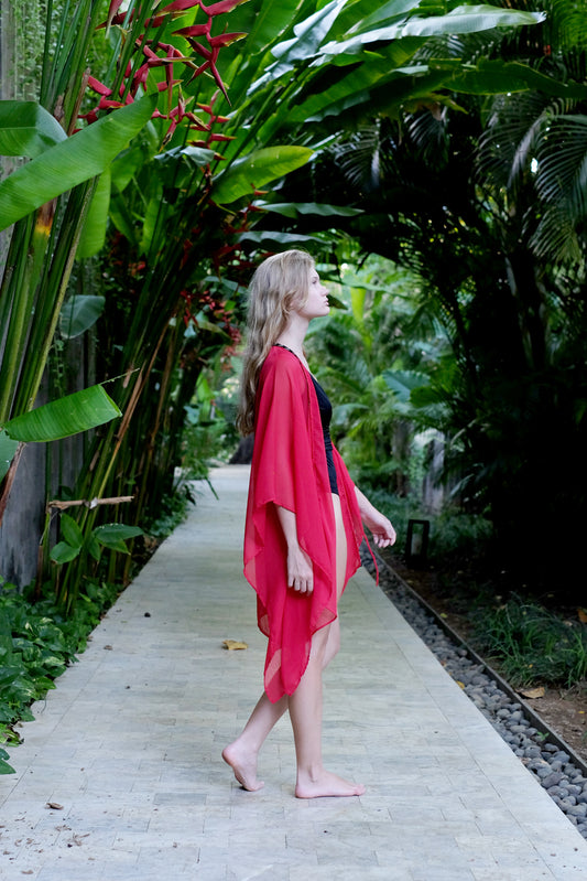 Flowing red resort wear kaftan for beach days and poolside lounging, for women looking for modern chic beach kaftans in Dubai
