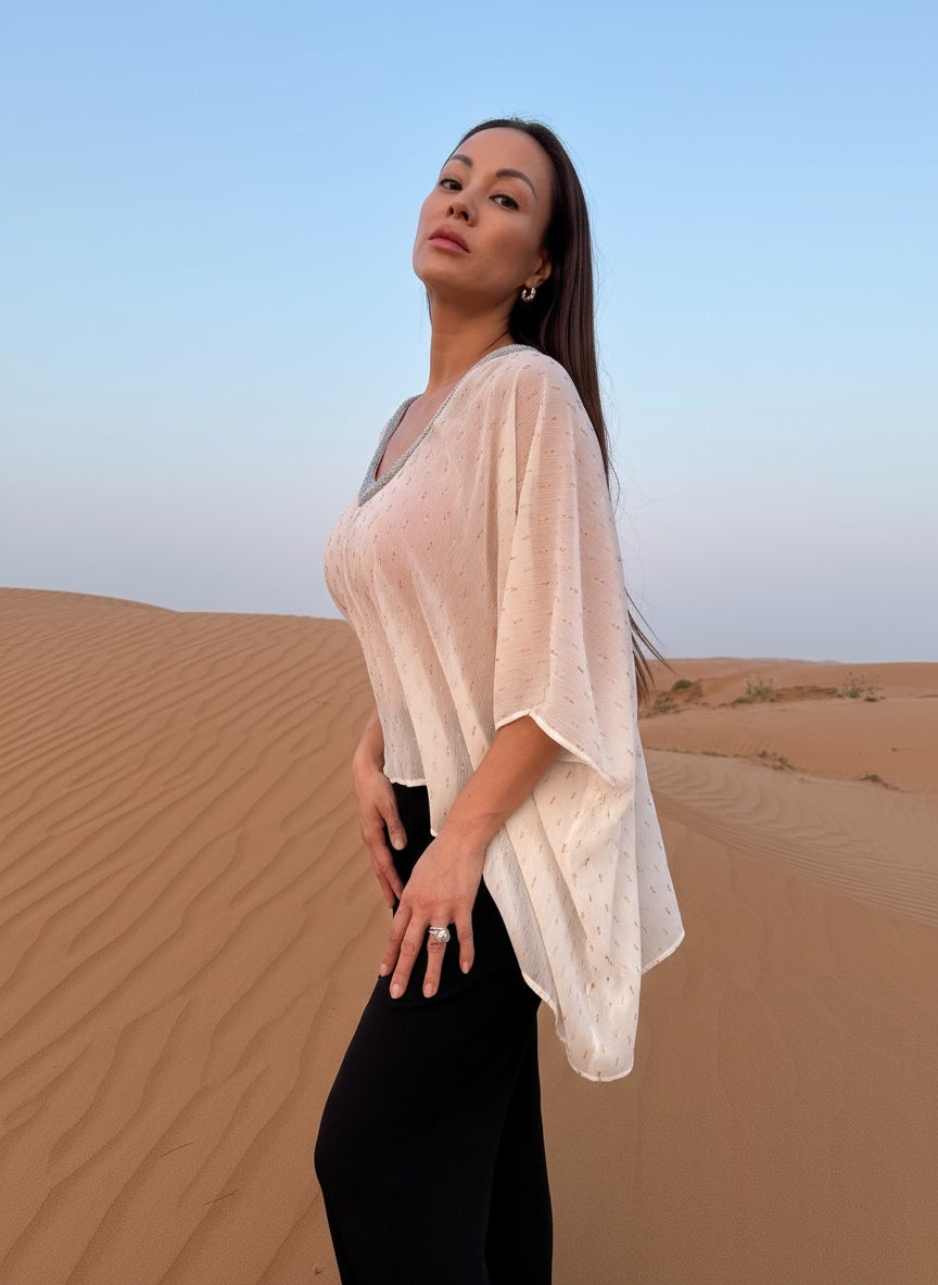 Zia white crepe chiffon beach kaftan top with gold and silver accents with a silver neckline trim, for dubai desert to beach style