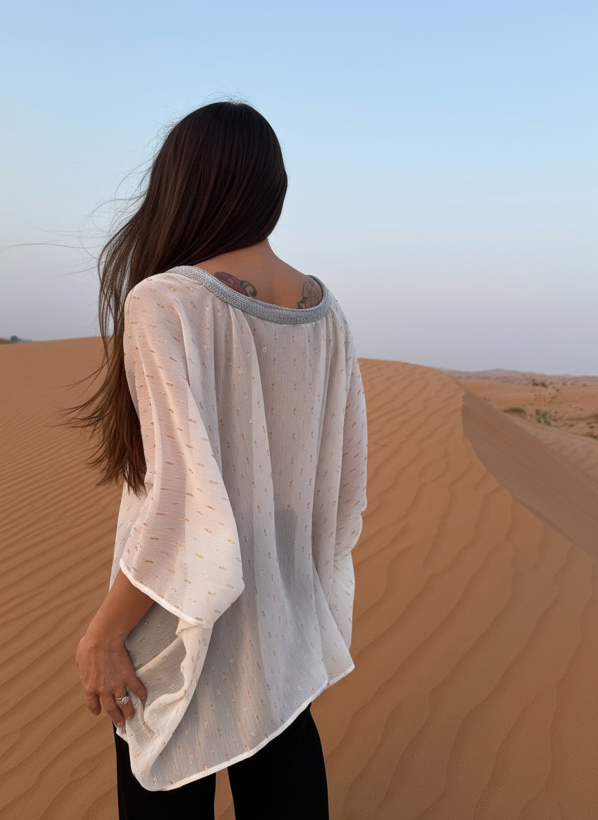 women's white kaftan top for desert safari in dubai