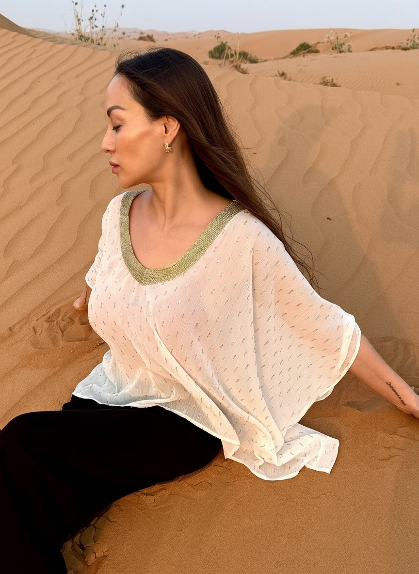 zia kaftan top in white with gold neckline trim for women in dubai