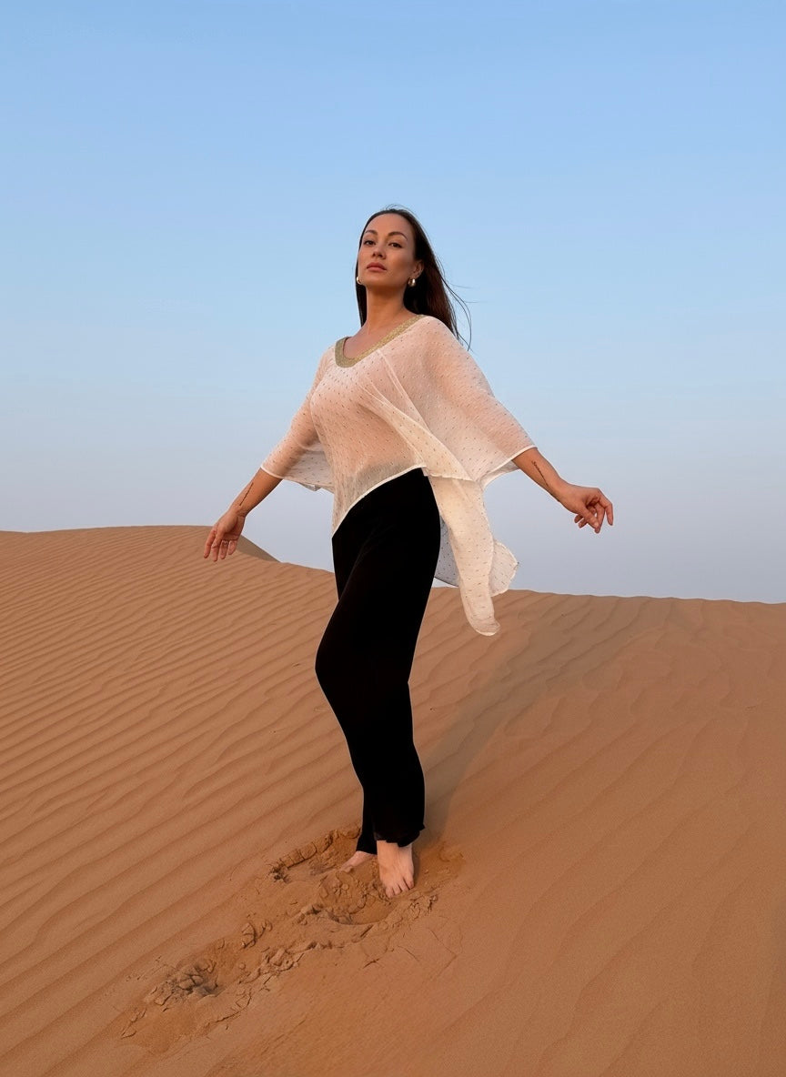 Women's white beach kaftan top with gold accents also for desert style in dubai