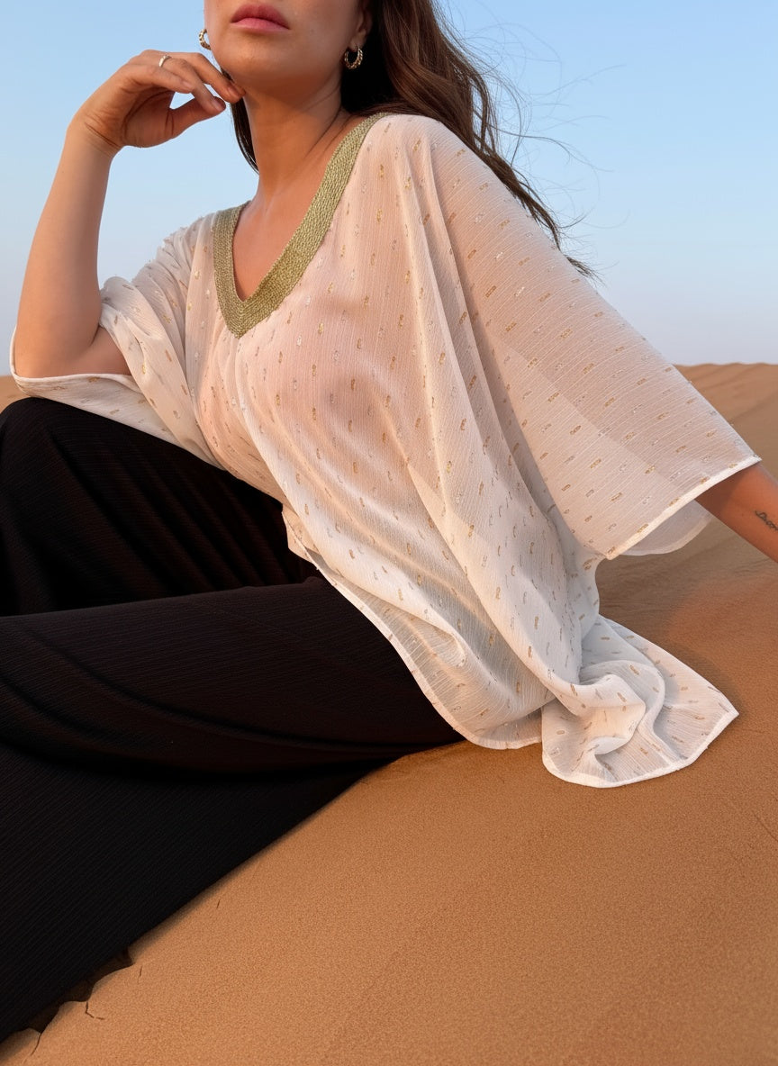 Dubai women's white kaftan top for desert safari and beach resorts