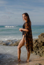 Load image into Gallery viewer, Dubai resort wear black gold bronze floral kaftan with bead embellishments, perfect luxury resort wear kaftan dress cover up for Dubai
