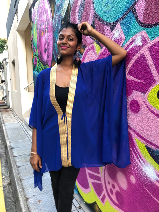 Royal blue women's beach kaftan with gold saree trim, for women looking for best beach cover ups and beach kaftans in Dubai
