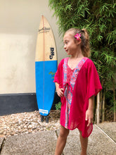 Load image into Gallery viewer, Kids Cahya beach kaftan in rose pink chiffon with handmade Indonesian batik trim