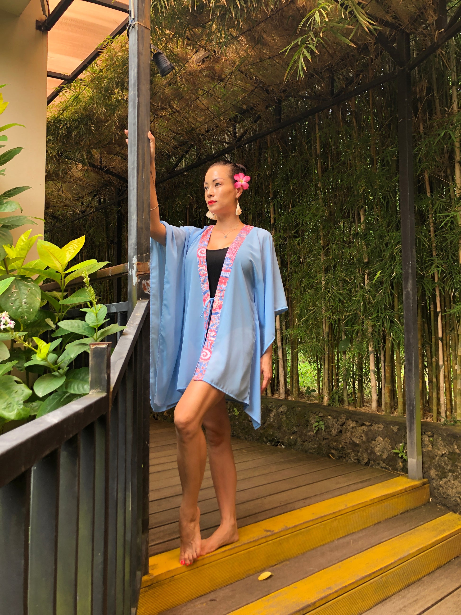Matching Mommy & Me beach kaftan in powder blue chiffon with batik details for matching moment with Mom in Dubai
