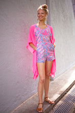 Load image into Gallery viewer, Lightweight and flowy neon pink chiffon beach kaftan with artisanal batik detailing, sustainable beachwear made in Bali for women looking for unique beach kaftans in Dubai