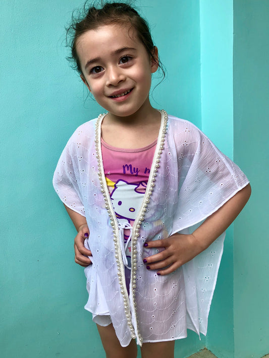 Delilah white eyelet chiffon with pearl beaded trimmed kids beachwear beach kaftan