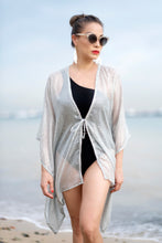 Load image into Gallery viewer, Elegant Neko beach kaftan in iridescent shimmery grey chiffon for glamorous beach days &amp; nights out in Dubai, sustainable resort wear made in Bali
