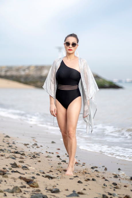 Neko grey chiffon beach kaftan with shimmering rhinestone details on sleeves, glamorous resort wear for women in Dubai
