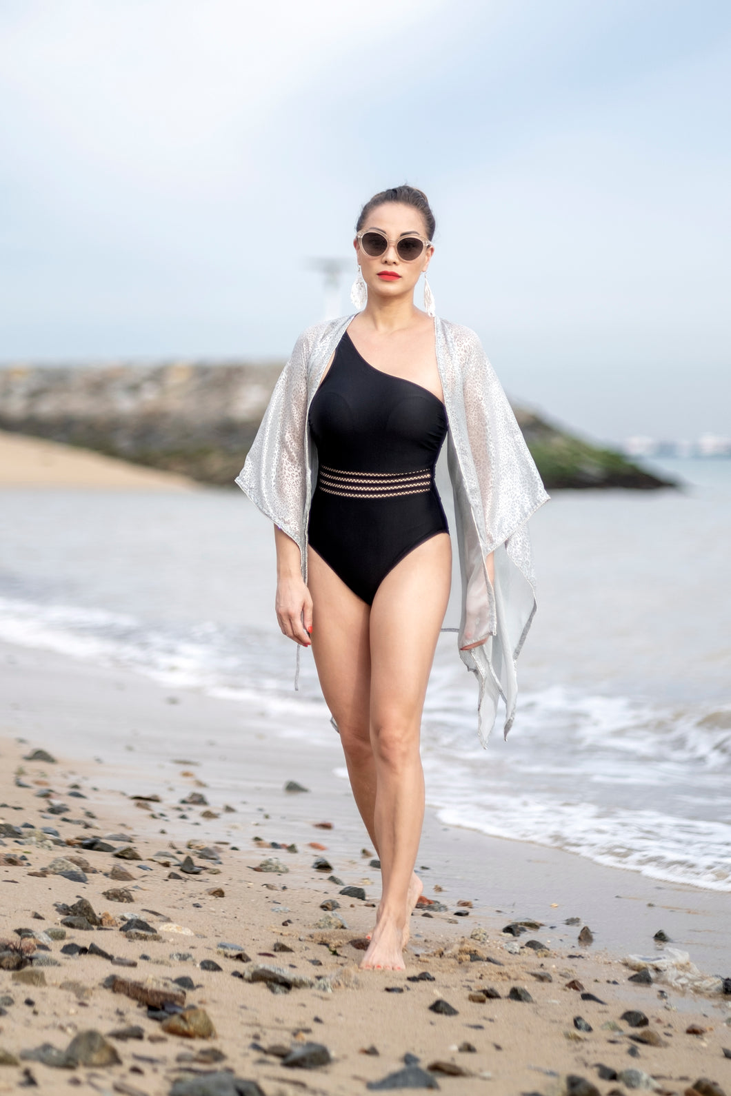 Neko grey chiffon beach kaftan with shimmering rhinestone details on sleeves, glamorous resort wear for women in Dubai
