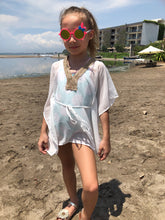 Load image into Gallery viewer, Simone white lurex chiffon rose gold and gold metallic trimmed kids beachwear resort wear belted drawstring beach kaftan in a matching mommy and me set