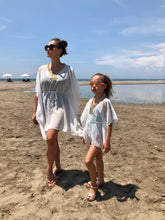 Load image into Gallery viewer, Simone white lurex chiffon rose gold and gold metallic trimmed kids beachwear resort wear belted drawstring beach kaftan in a matching mommy and me set