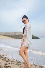 Load image into Gallery viewer, Glamorous leopard print beach kaftan in iridescent shimmery gray chiffon, sustainably made in Bali for women looking to shop best beach kaftans in Dubai