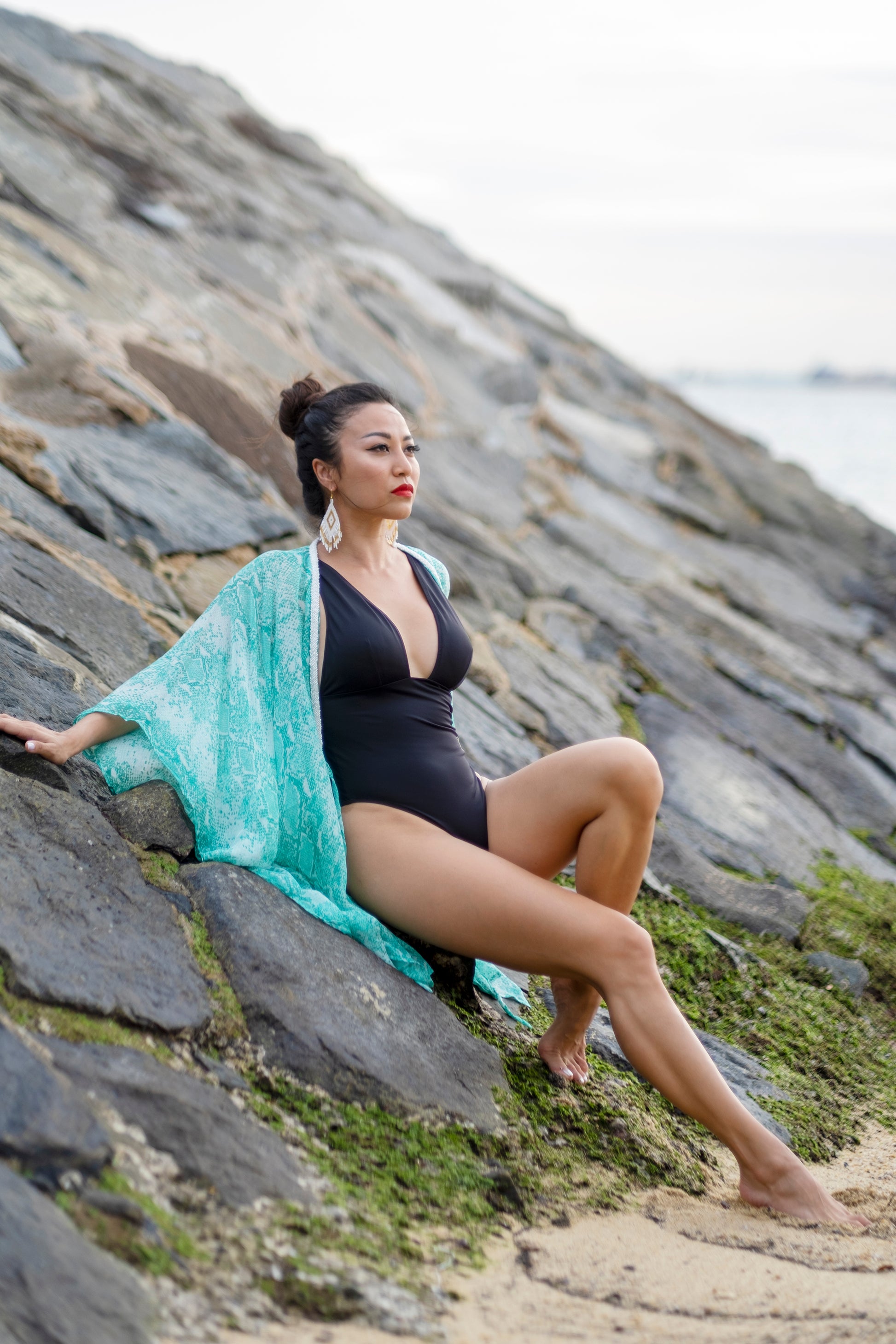 Stylish Sahila beach kaftan swimsuit cover up with green snake print for women looking for beach cover ups for Dubai
