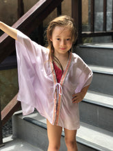 Load image into Gallery viewer, Candis kids beachwear beach kaftan in pale lilac lurex chiffon blend and sequin trim in a mommy and me matching set