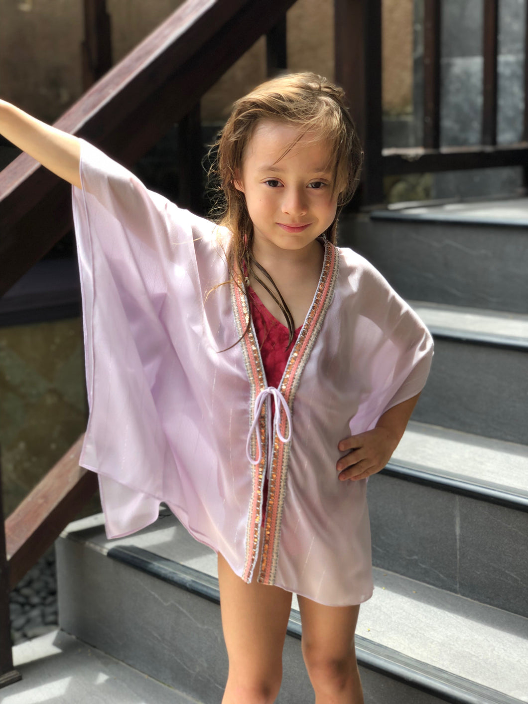 Candis kids beachwear beach kaftan in pale lilac lurex chiffon blend and sequin trim in a mommy and me matching set
