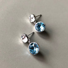Load image into Gallery viewer, Juvela Swarovski crystal two tone tiered dangle earrings clear and blue