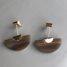Load image into Gallery viewer, Kikuko marbled resin fan lightweight boho glam dangle earrings in brown