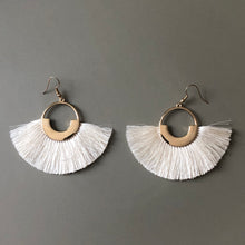 Load image into Gallery viewer, Tenea boho chic glamorous crescent fan silk tassel earrings in white