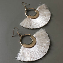 Load image into Gallery viewer, Tenea boho chic glamorous crescent fan silk tassel earrings in white