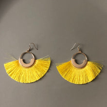 Load image into Gallery viewer, Tenea boho chic glamorous crescent fan silk tassel earrings in yellow