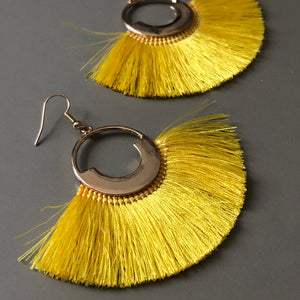 Tenea boho chic glamorous crescent fan silk tassel earrings in yellow