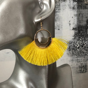 Tenea boho chic glamorous crescent fan silk tassel earrings in yellow