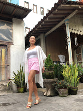 Load image into Gallery viewer, Adrianna in white lurex with multicoloured pastel beaded trimmed women&#39;s beachwear beach kaftan