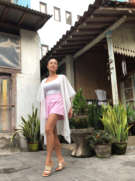 Adrianna in white lurex with multicoloured pastel beaded trimmed women's beachwear beach kaftan