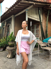 Load image into Gallery viewer, Adrianna in white lurex with multicoloured pastel beaded trimmed women&#39;s beachwear beach kaftan