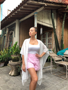 Adrianna in white lurex with multicoloured pastel beaded trimmed women's beachwear beach kaftan