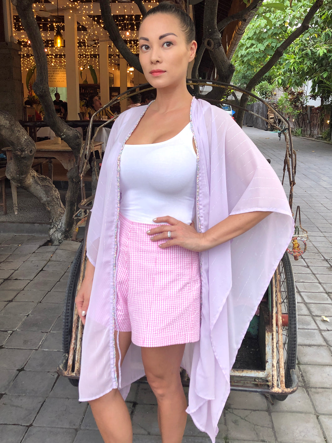 Adrianna pastel purple with pastel coloured beaded trimmed women's beachwear beach kaftan