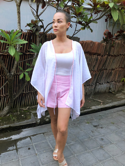 Adrianna in eyelet white with coral beaded trimmed women's beachwear beach kaftan