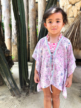 Load image into Gallery viewer, Aluna floral with pearl beaded green border trimmed girls kids beachwear beach kaftan blush