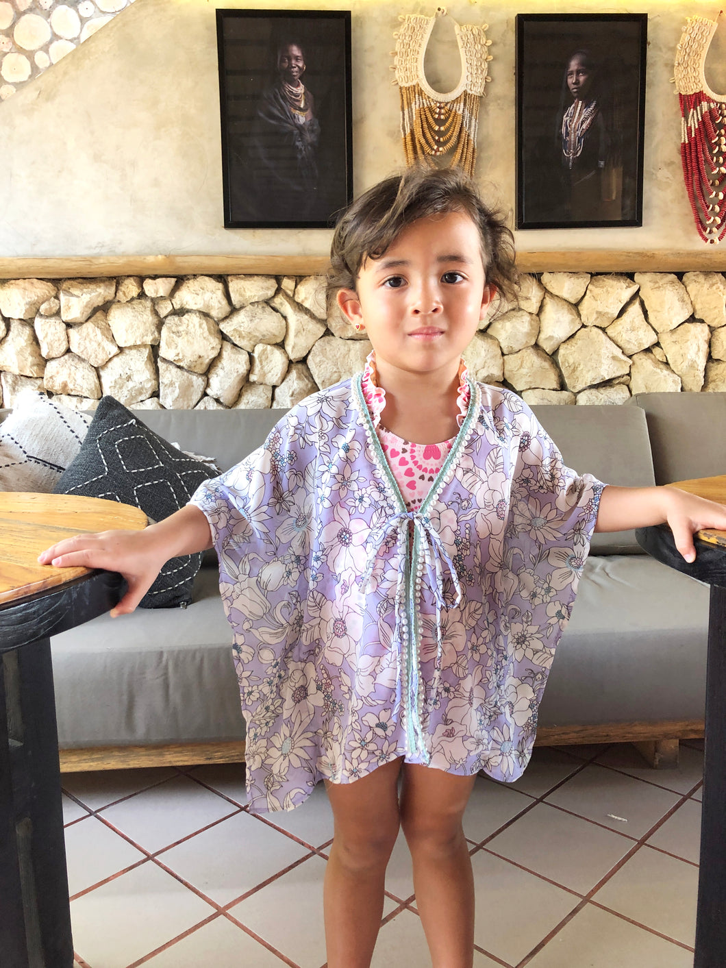 Aluna floral with pearl beaded green border trimmed girls kids beachwear beach kaftan periwinkle