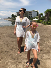 Load image into Gallery viewer, Simone white lurex chiffon rose gold and gold metallic trimmed kids beachwear resort wear belted drawstring beach kaftan in a matching mommy and me set