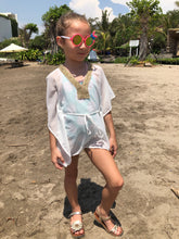 Load image into Gallery viewer, Simone white lurex chiffon rose gold and gold metallic trimmed kids beachwear resort wear belted drawstring beach kaftan in a matching mommy and me set
