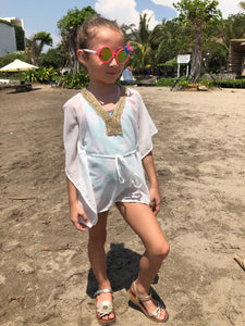 Simone white lurex chiffon rose gold and gold metallic trimmed kids beachwear resort wear belted drawstring beach kaftan in a matching mommy and me set