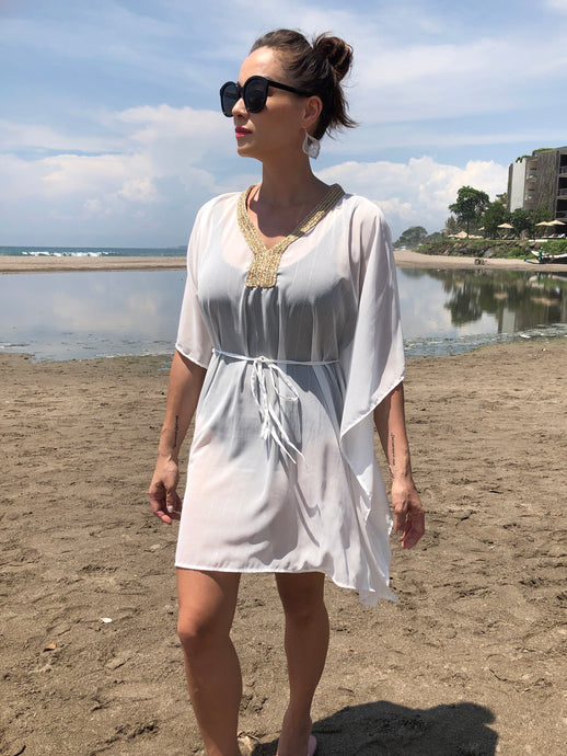 Simone white lurex chiffon rose gold and gold metallic trimmed womens beachwear resort wear belted drawstring beach kaftan in a matching mommy and me set