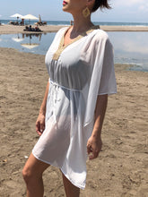 Load image into Gallery viewer, Simone white lurex chiffon rose gold and gold metallic trimmed womens beachwear resort wear belted drawstring beach kaftan in a matching mommy and me set