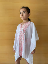 Load image into Gallery viewer, Onism collection white lurex chiffon batik trimmed kids beachwear resort wear beach kaftan in a matching mommy and me set