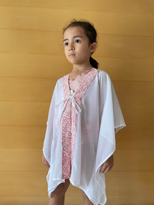 Onism collection white lurex chiffon batik trimmed kids beachwear resort wear beach kaftan in a matching mommy and me set