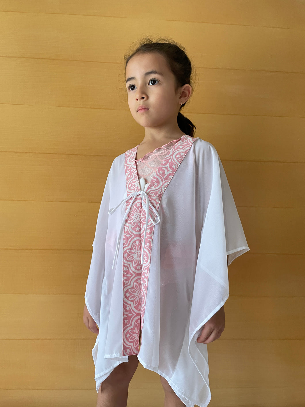 Onism collection white lurex chiffon batik trimmed kids beachwear resort wear beach kaftan in a matching mommy and me set