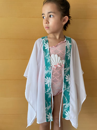 Onism collection white lurex chiffon batik trimmed kids beachwear resort wear beach kaftan in a matching mommy and me set