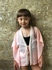 Sirena pale peach crepe chiffon hand sewn beaded trimmed kids beachwear resort wear beach kaftan in a matching mommy and me set