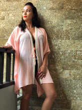Load image into Gallery viewer, Sirena pale peach crepe chiffon hand sewn beaded trimmed kids beachwear resort wear beach kaftan in a matching mommy and me set